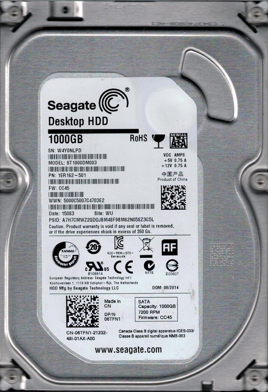 ST1000DM003 P/N: 1ER162-501 F/W: CC45 WU W4Y Seagate Desktop HDD 1TB