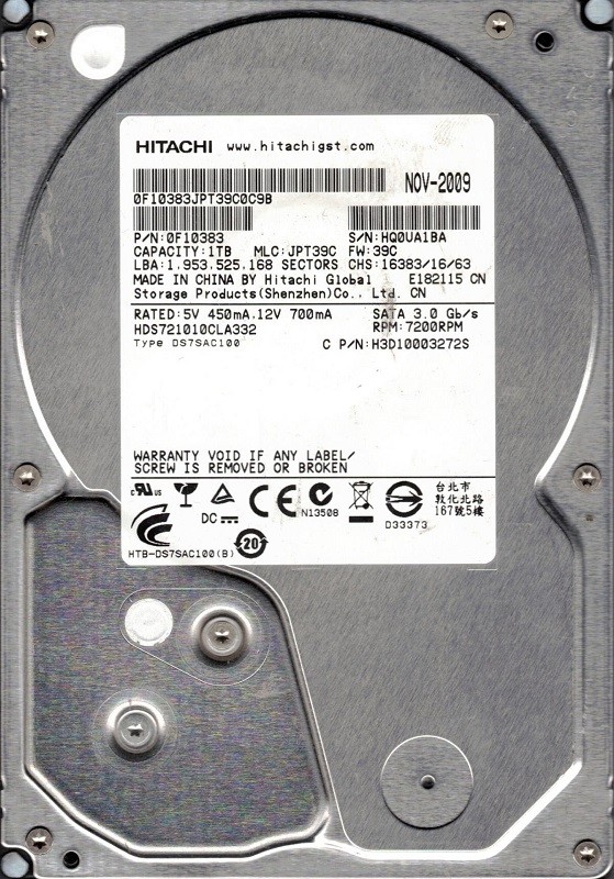 Hitachi HDS721010CLA332 MLC: JPT39C P/N: 0F10383 China 1TB