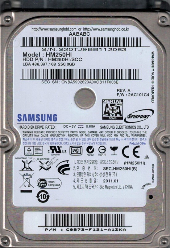 HM250HI/SCC P/N: C0873-F121-A1ZKA F/W: 2AC101C4 Samsung 250GB