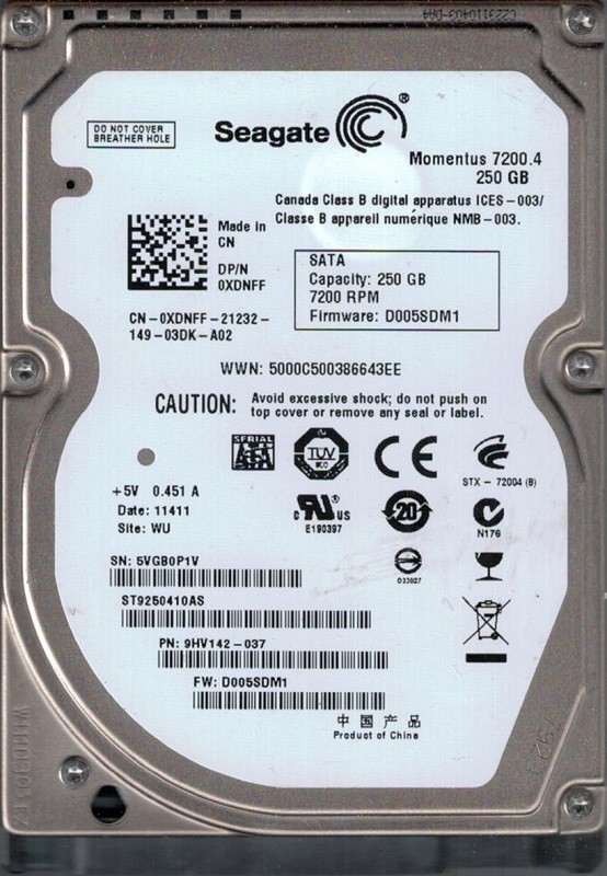 Seagate ST9250410AS P/N: 9HV142-037 F/W: D005SDM1 WU 5VG 250GB