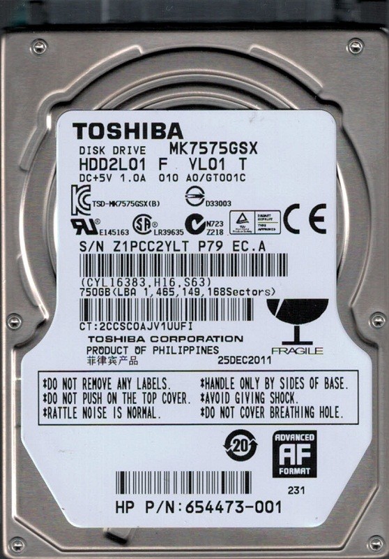 Toshiba MK7575GSX 750GB HDD2L01 F VL01 T F/W: A0/GT001C