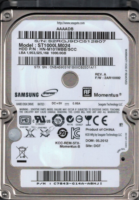 ST1000LM024 HN-M101MBB/SCC F/W: 2AR10002 P/N: C7843-G14A-A8HJI Samsung 1TB 