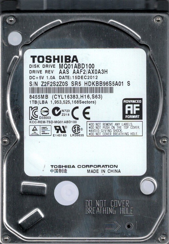 MQ01ABD100 AAS AAF2/AX0A3H Toshiba 1TB