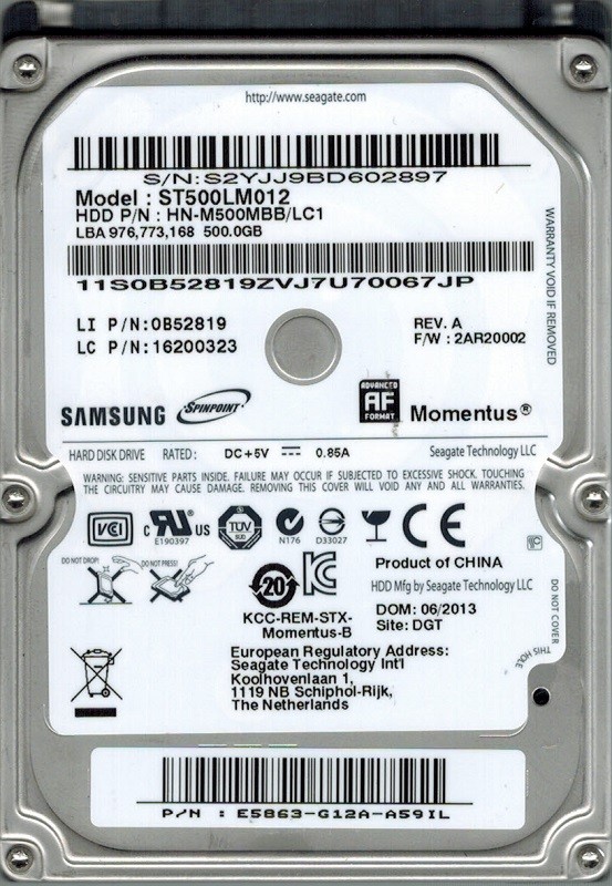 Samsung ST500LM012 HN-M500MBB/LC1 P/N: E5863-G12A-A59IL F/W: 2AR20002