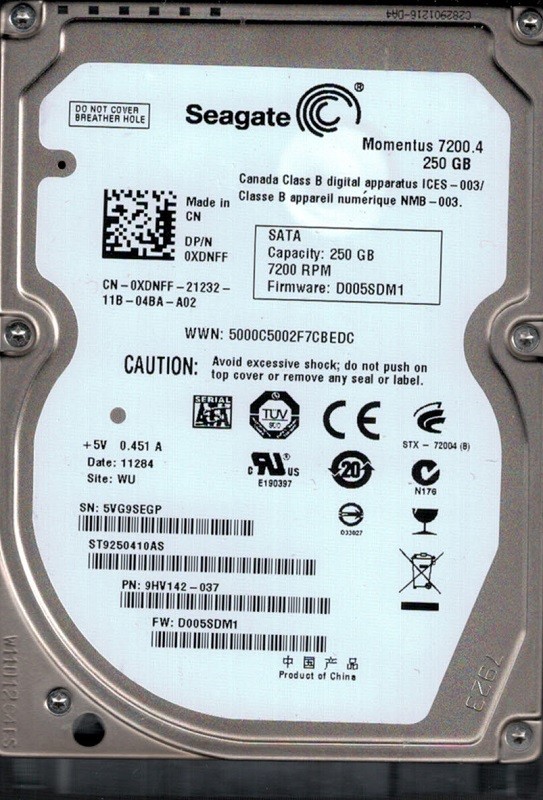 ST9250410AS P/N: 9HV142-037 F/W: D005SDM1 WU 5VG Seagate 250GB