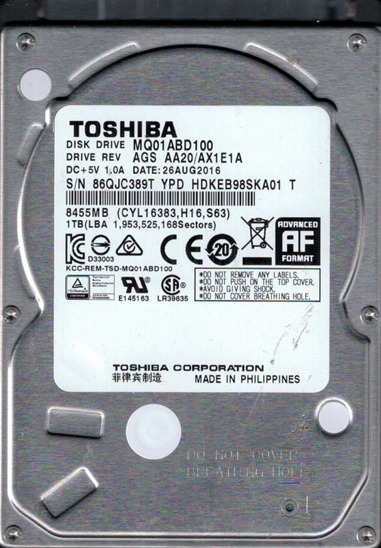 MQ01ABD100 AGS AA20/AX1E1A Philippines Toshiba 1TB 2.5" Hard Drive