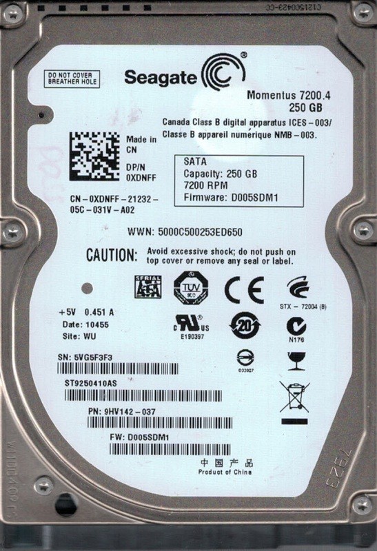 ST9250410AS P/N: 9HV142-037 F/W: D005SDM1 WU 5VG 250GB Seagate