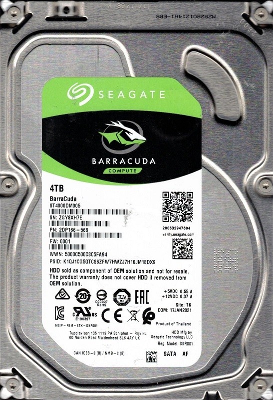 ST4000DM005 P/N: 2DP166-568 F/W: 0001 TK ZGY Seagate 4TB