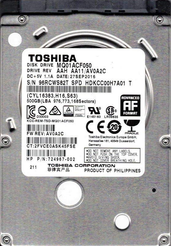 MQ01ACF050 AAH AA11/AV0A2C HDKCC00H7A01 T Philippines Toshiba 500GB
