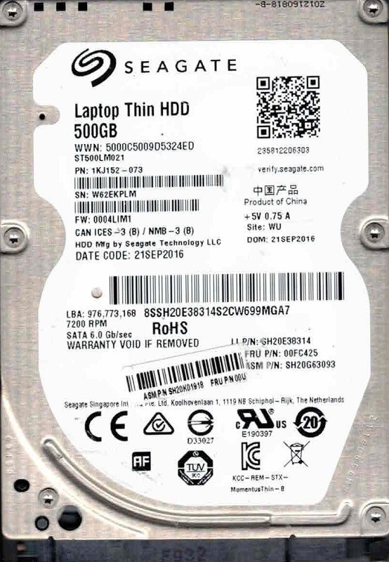 ST500LM021 P/N: 1KJ152-073 F/W: 0004LIM1 WU W62 SEP 2016 Seagate 500GB