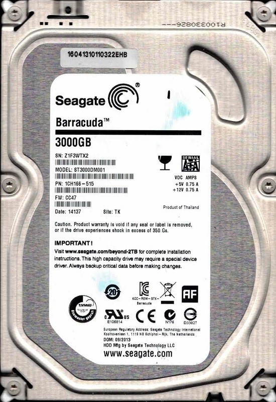 ST3000DM001 F/W: CC47 P/N: 1CH166-515 TK Z1F 09/2013 Seagate 3TB Desktop HDD