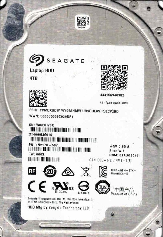 ST4000LM016 F/W: 0003 P/N: 1N2170-567 WU W801 AUG 2016 Seagate 4TB Laptop HDD