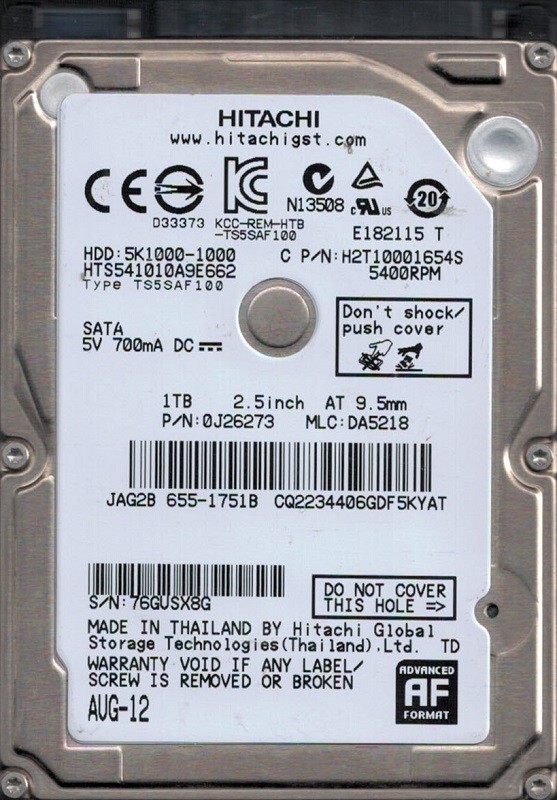 HTS541010A9E662 P/N: 0J26273 MLC: DA5218 MAC 655-1751B Thailand Hitachi 1TB