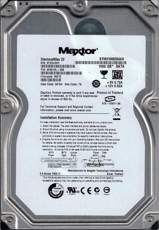 Maxtor STM31000334AS P/N: 9HM13L-336 F/W: MX15 1TB TK Seagate