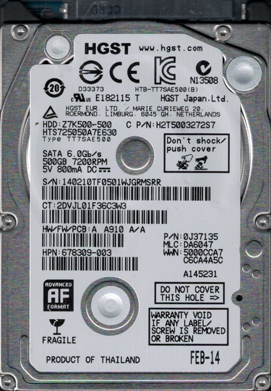 HTS725050A7E630 P/N: 0J37135 MLC: DA6047 HGST 500GB
