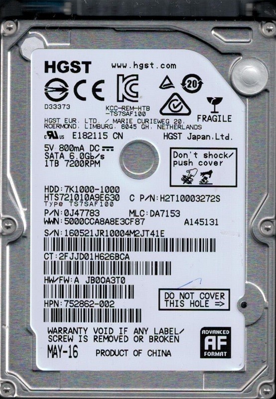 HTS721010A9E630 P/N: 0J47783 MLC: DA7153 HGST China 1TB