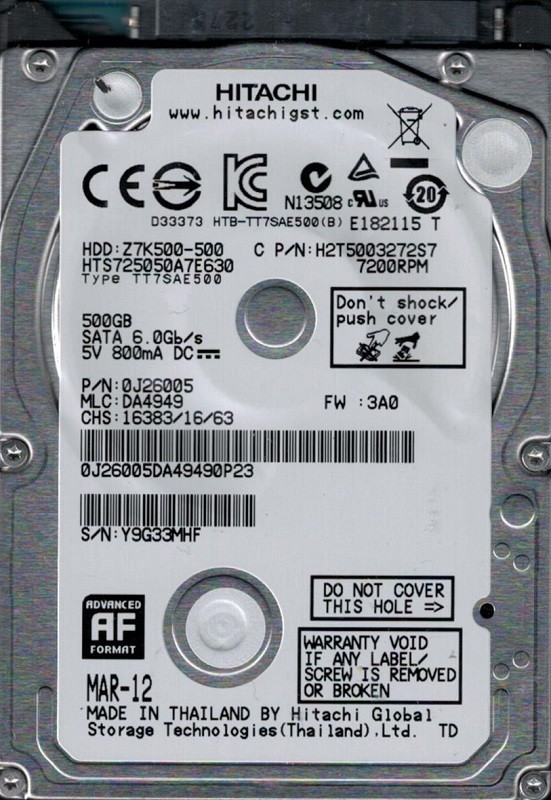 Hitachi HTS725050A7E630 P/N: 0J26005 MLC: DA4949 500GB