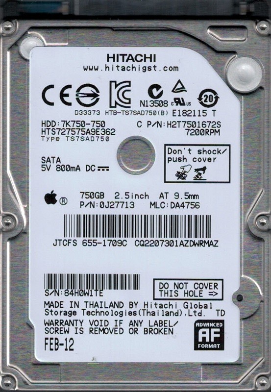 HTS727575A9E362 P/N: 0J27713 MLC: DA4756 MAC 655-1709C Thailand Hitachi 750GB