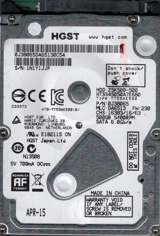HTS545050A7E680 P/N: 0J38065 MLC: DA6513 HGST 500GB