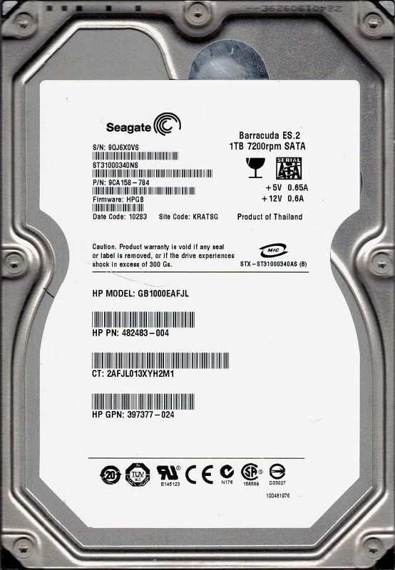 Seagate ST31000340NS P/N: 9CA158-784 F/W: HPGB 9QJ 1TB KRATSG