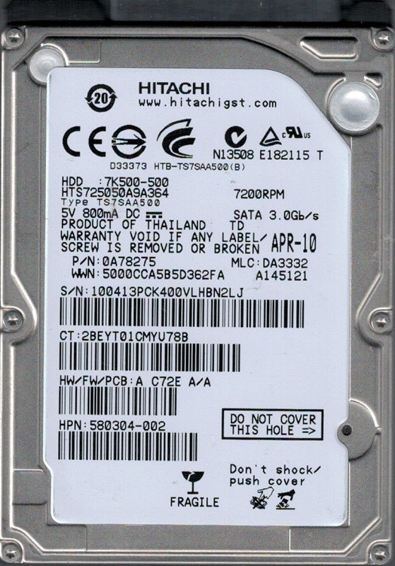Hitachi HTS725050A9A364 P/N: 0A78275 MLC: DA3332 500GB