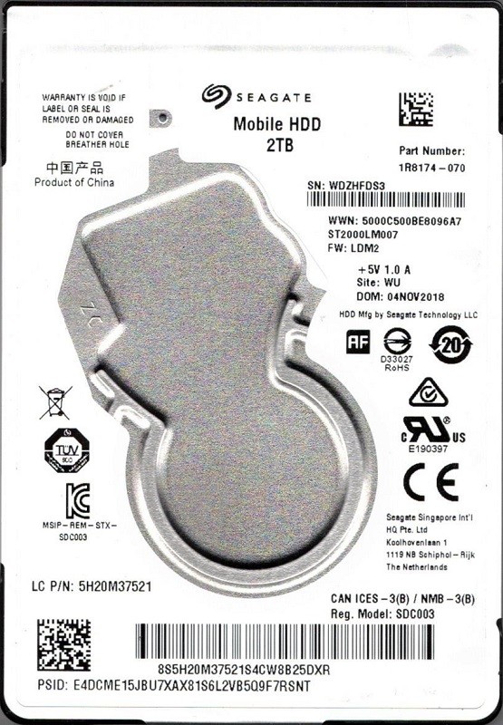 ST2000LM007 P/N: 1R8174-070 F/W: LDM2 WU WDZ Seagate Mobile HDD 2TB