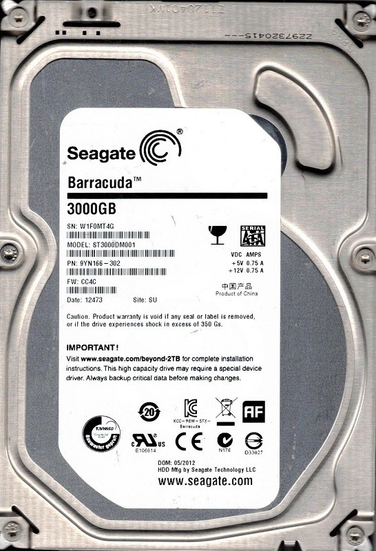 Seagate ST3000DM001 P/N: 9YN166-302 F/W: CC4C SU 3TB W1F