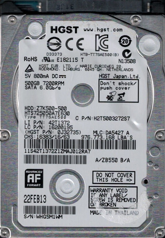 HGST HTS725050A7E630 P/N: 0J32735 MLC: DA5427 Thailand 500GB