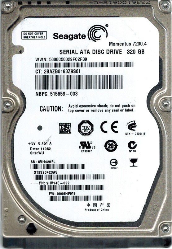 Seagate ST9320423AS P/N:  9HV14E-022 F/W: 0006HPM1 320GB WU