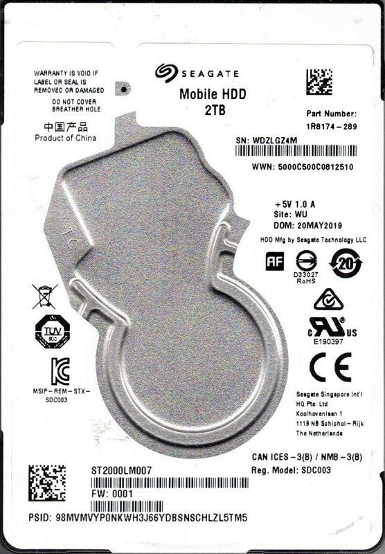 ST2000LM007 P/N: 1R8174-289 F/W: 0001 WU WDZL Seagate 2TB Mobile HDD
