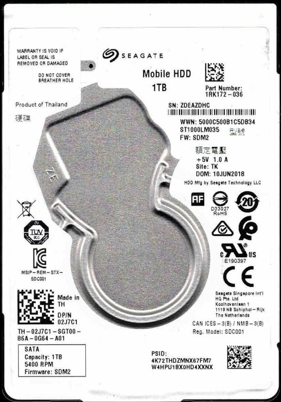 ST1000LM035 P/N: 1RK172-036 F/W: SDM2 TK ZDE JUN 2018 Seagate 1TB Mobile HDD
