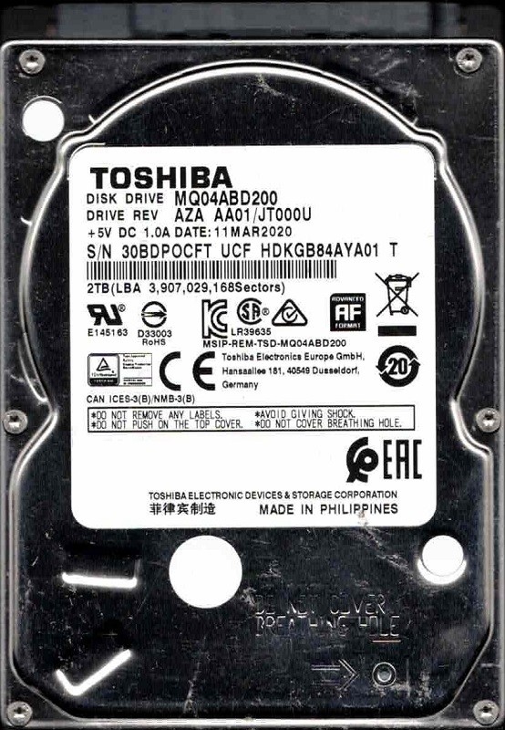 MQ04ABD200 AZA AA01/JT000U HDKGB84AYA01 T MAR 2020 Toshiba 2TB
