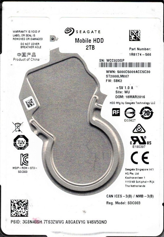 ST2000LM007 P/N: 1R8174-566 F/W: SBK2 WU WCC0 Seagate 2TB Mobile HDD