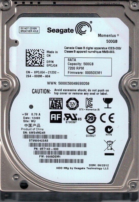 Seagate ST9500423AS F/W: 0005DEM1 P/N: 9RT143-033 500GB WU