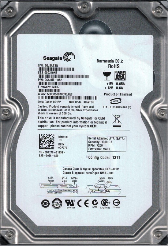 ST31000340NS P/N: 9CA158-052 F/W: MA07 KRATSG Seagate 1TB
