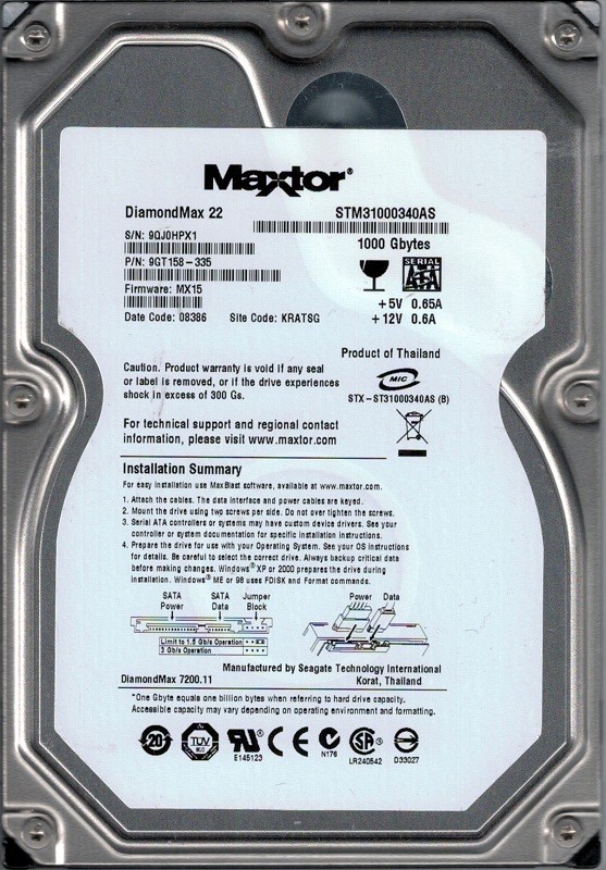 Maxtor STM31000340AS P/N: 9GT158-335 F/W: MX15 KRATSG 9QJ Seagate 1TB