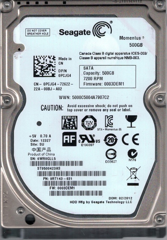 Seagate ST9500423AS F/W: 0003DEM1 P/N: 9RT143-031 SU 500GB 6WR