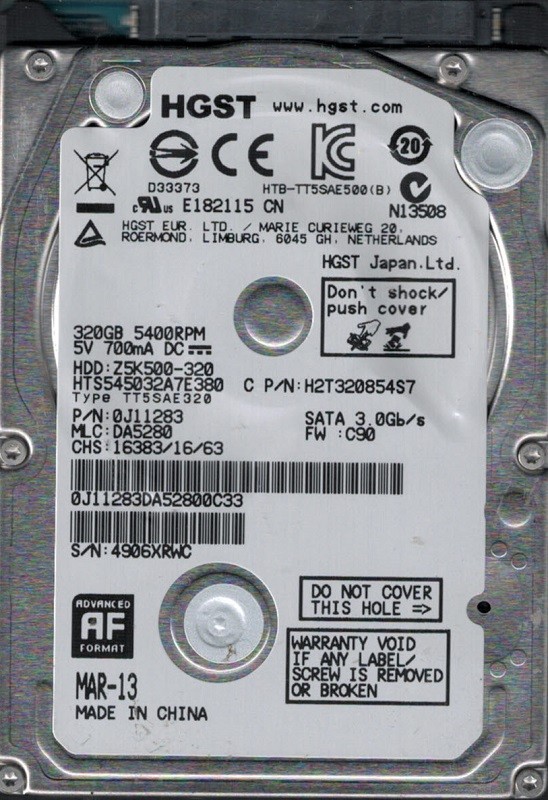 Hitachi HTS545032A7E380 P/N: 0J11283 MLC: DA5280 320GB