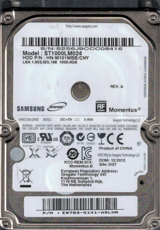 ST1000LM024 HN-M101MBB/CNY P/N: E0783-G141-ASLHR Samsung 1TB