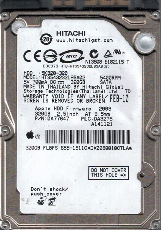 HTS543232L9SA02 P/N: 0A77647 MLC: DA3276 MAC 655-1511C Hitachi 320GB