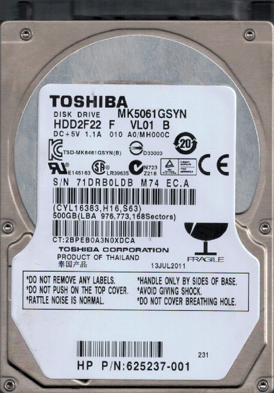 Toshiba MK5061GSYN HDD2F22 F VL01 B F/W: A0/MH000C 500GB THAILAND