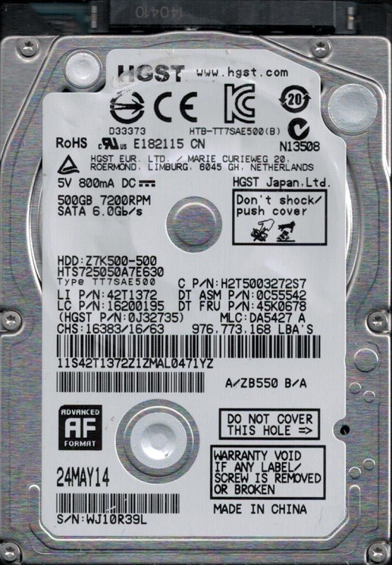 HTS725050A7E630 P/N: 0J32735 MLC: DA5427 China HGST 500GB