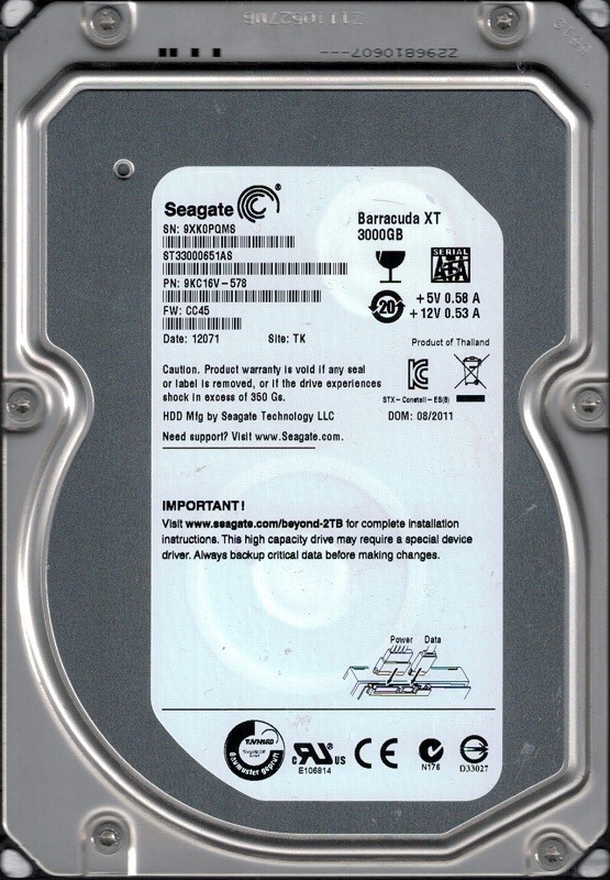 Seagate ST33000651AS P/N: 9KC16V-578 F/W: CC45 TK 9XK READ DESCRIPTION