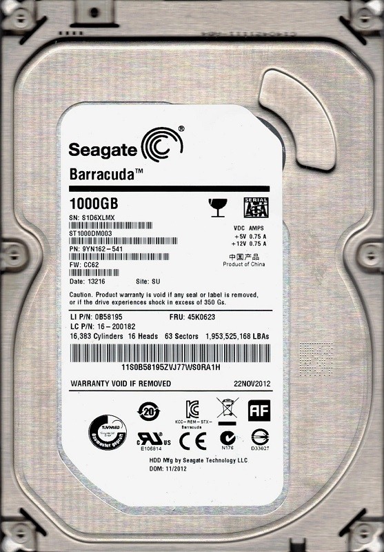 ST1000DM003 P/N: 9YN162-541 F/W: CC62 SU S1D Seagate 1TB