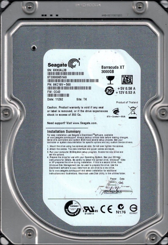 Seagate ST33000651AS P/N: 9KC16V-568 F/W: CC43 TK 9XK 3TB Seagate Desktop HDD