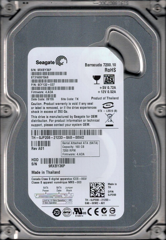 Seagate ST3160815AS P/N: 9CY132-037 F/W: 4.ADA 160GB TK 9RX