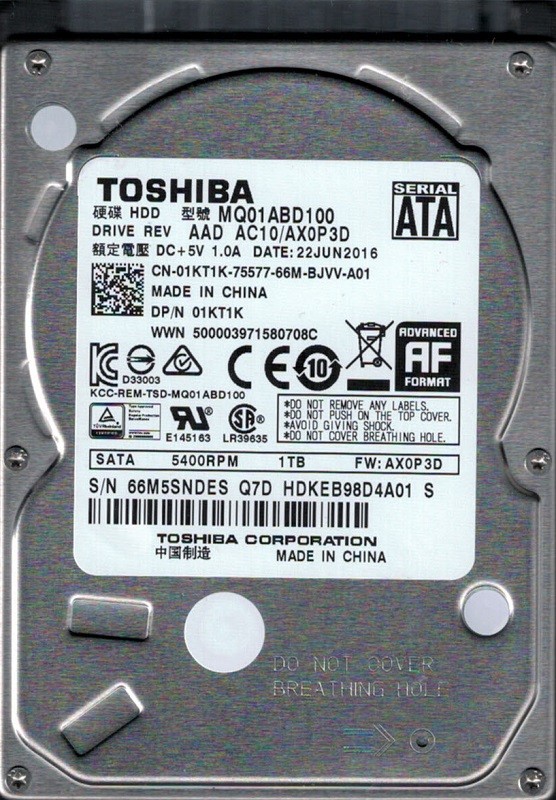 MQ01ABD100 AAD AC10/AX0P3D China Toshiba 1TB