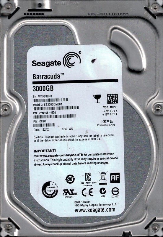 Seagate ST3000DM001 P/N: 9YN166-570 F/W: CC9C 3TB WU W1F
