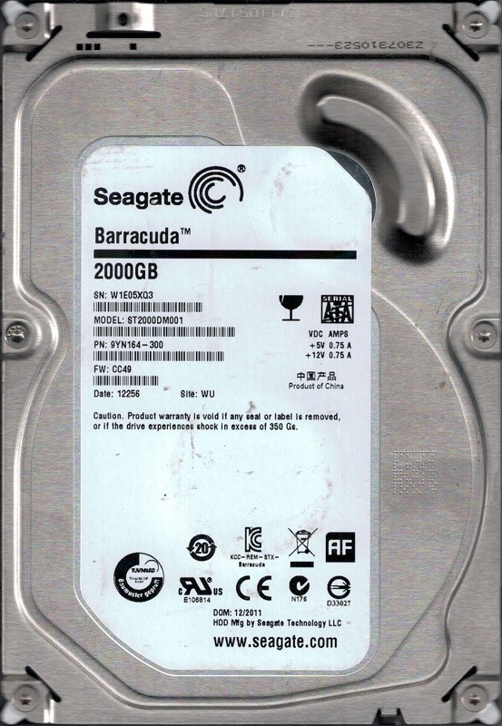 Seagate ST2000DM001 P/N: 9YN164-300 F/W: CC49 WU W1E 2TB