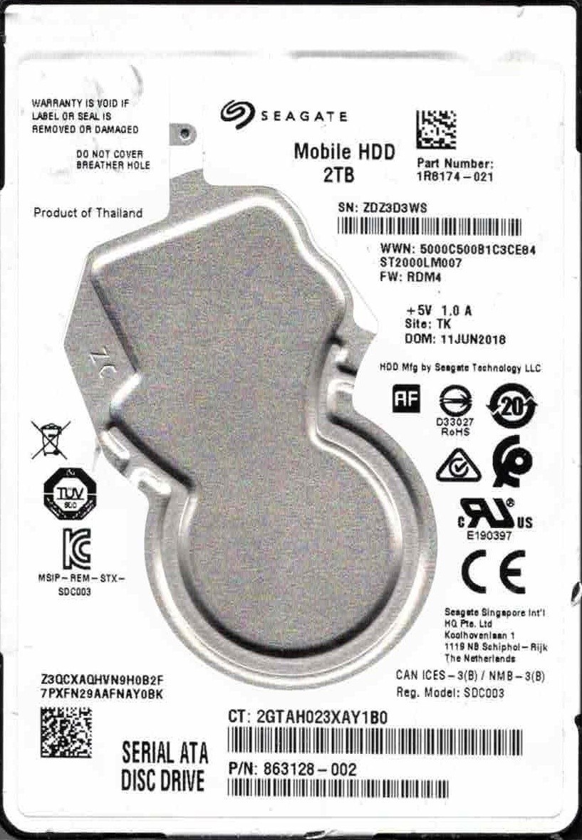 ST2000LM007 P/N: 1R8174-021 F/W: RDM4 TK ZDZ3 JUN 2018 Seagate Mobile HDD 2TB